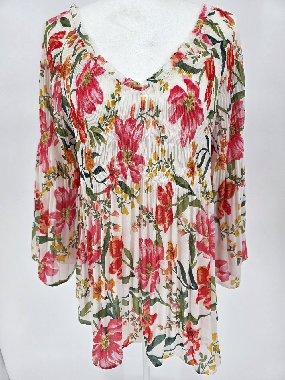 Spense Floral Pleated Peasant Blouse XL Pink Boho Flowy 3/4 Sleeve‎ Top